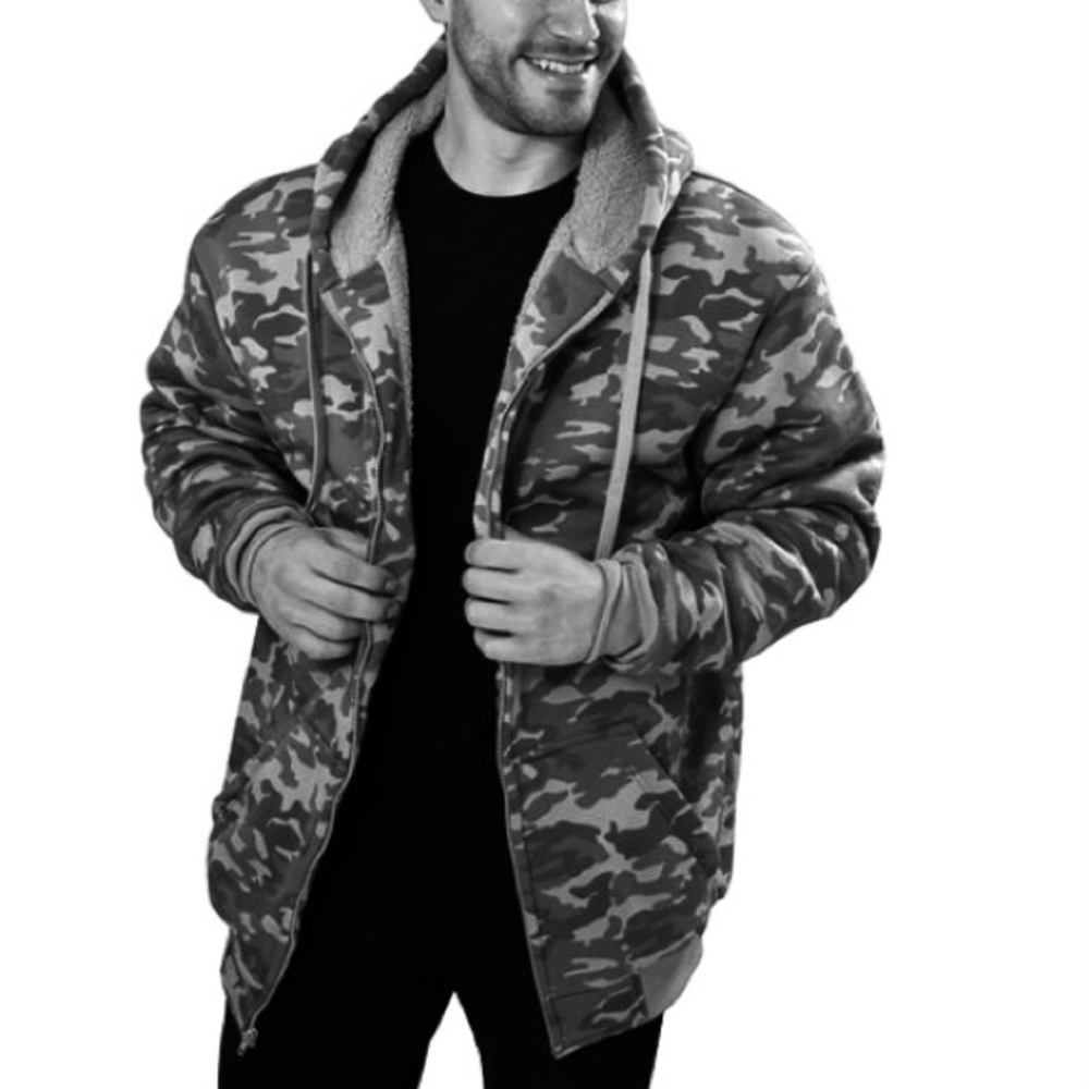 BIG BALL SPORTS Hoodie Jacket Camo Sherpa Fleece Full Zip Gray Black Size XXL